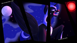 Size: 3600x2000 | Tagged: safe, artist:sixes&sevens, nightmare moon, alicorn, pony, g4, angry, blood moon, blue eyes, blue mane, digital art, drool, ethereal mane, ethereal tail, eyeshadow, fangs, feather, female, flowing mane, flowing tail, helmet, high res, horn, limited palette, makeup, mare, moon, open mouth, peytral, raised hoof, snarling, solo, space, sparkles, spread wings, starry mane, starry tail, stars, sun, sunlight, tail, teeth, wings