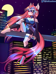 Size: 2324x3098 | Tagged: safe, artist:cali luminos, oc, oc only, unicorn, anthro, unguligrade anthro, artist, breasts, city, cleavage, clothes, commission, dress, female, high res, horn, night, retrowave, solo, suit