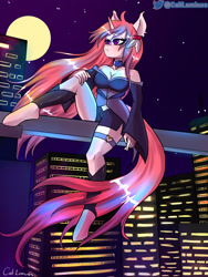 Size: 2324x3098 | Tagged: safe, artist:cali luminos, oc, oc only, unicorn, anthro, unguligrade anthro, breasts, city, cleavage, clothes, commission, dress, female, high res, horn, night, retrowave, solo, suit