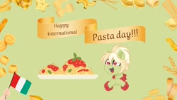 Size: 1600x900 | Tagged: safe, artist:eponafest, oc, oc:milli, eponafest, food, italy, pasta, solo