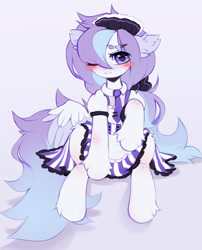 Size: 1280x1585 | Tagged: safe, artist:astralblues, oc, oc only, pegasus, pony, blushing, clothes, dress, eye clipping through hair, eyebrows, eyebrows visible through hair, maid, maid headdress, necktie, solo