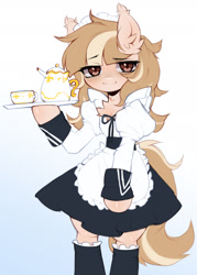 Size: 1280x1783 | Tagged: safe, artist:astralblues, oc, oc only, semi-anthro, arm hooves, chest fluff, clothes, cup, ear fluff, eye clipping through hair, eyebrows, eyebrows visible through hair, lidded eyes, looking at you, maid, raised eyebrow, solo, stockings, teacup, teapot, thigh highs