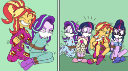 Size: 2954x1641 | Tagged: safe, artist:bugssonicx, part of a set, sci-twi, starlight glimmer, sunset shimmer, twilight sparkle, human, equestria girls, g4, beanie, betrayal, betrayed, big smile, bondage, bound and gagged, cloth gag, clothes, doppelganger, duality, escape, eyes closed, footed sleeper, footie pajamas, freeing, gag, glasses, grin, hat, human starlight, human sunset, kidnapped, nightgown, onesie, over the nose gag, pajamas, part of a series, ponytail, rope, rope bondage, sleepover, slippers, slumber party, smiling, socks, split screen, tied up, two sides, untying