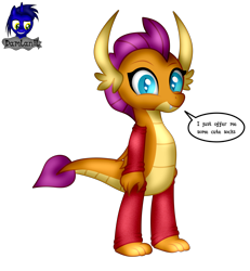 Size: 3840x4154 | Tagged: safe, alternate version, artist:damlanil, smolder, dragon, g4, clothes, comic, cute, dragon wings, dragoness, eyelashes, female, happy, horns, leg warmers, looking at you, show accurate, simple background, smiling, smolderbetes, socks, solo, speech bubble, standing, text, transparent background, vector, wings