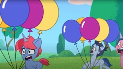 Size: 1680x941 | Tagged: safe, screencap, kazoo (g5), paisley bluebell, plum library, pony, unicorn, filly filling, g5, my little pony: tell your tale, spoiler:g5, spoiler:my little pony: tell your tale, spoiler:tyts01e33, balloon, running, running away, unnamed character, unnamed pony