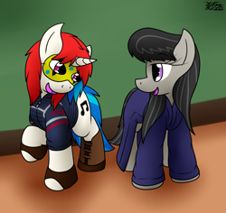 Size: 1551x1464 | Tagged: safe, artist:the-furry-railfan, dj pon-3, octavia melody, vinyl scratch, earth pony, pony, unicorn, series:costuming conondrum, g4, boots, clothes, costume, danger days: the true lives of the fabulous killjoys, gloves, jacket, mask, my chemical romance, robe, shoes, wig