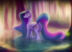 Size: 2816x2048 | Tagged: safe, ai assisted, ai content, generator:pony diffusion v1, generator:stable diffusion, prompter:siber, princess celestia, alicorn, pony, g4, butt, ethereal mane, ethereal tail, eyes closed, high res, lake, long mane, long tail, plot, reflection, smiling, solo, sunbutt, tail, the quality of ai art is frightening, tree, water
