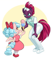 Size: 1280x1452 | Tagged: safe, artist:dstears, cozy glow, fizzlepop berrytwist, tempest shadow, pegasus, unicorn, anthro, plantigrade anthro, g4, bow, clothes, cozybetes, cute, dress, female, food, hair bow, hat, ice cream, name tag, neck bow, shoes, tongue out, uniform