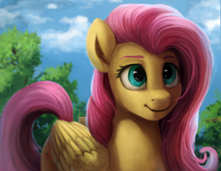 Size: 1920x1481 | Tagged: safe, artist:camyllea, fluttershy, pegasus, pony, g4, ear fluff, eyebrows, female, folded wings, lacrimal caruncle, mare, outdoors, solo, three quarter view, wings