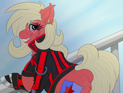 Size: 1600x1200 | Tagged: safe, artist:gray star, oc, oc only, oc:scarlet star, cyborg, earth pony, pony, butt freckles, chest fluff, clothes, cyberpunk, ear fluff, ear piercing, female, fluffy, freckles, glasses, jacket, leather, leather jacket, mare, nighthaze, piercing, simple background, solo, trans female, transgender, transgender oc, transparent background, unshorn fetlocks