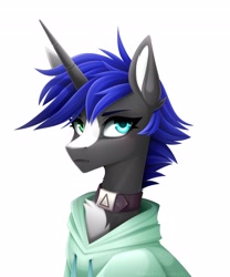 Size: 3413x4096 | Tagged: safe, artist:buvanybu, oc, oc only, pony, unicorn, blaze (coat marking), chest fluff, clothes, coat markings, facial markings, heterochromia, high res, hoodie, looking at you, simple background, slender, solo, thin, white background
