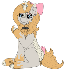 Size: 844x911 | Tagged: safe, artist:gray star, derpibooru exclusive, oc, oc only, oc:gray star, kirin, bow, choker, cloven hooves, female, hair bow, happy, kirin oc, kirin-ified, mare, night, piercing, scales, simple background, smiling, solo, species swap, tail, tail bow, transparent background