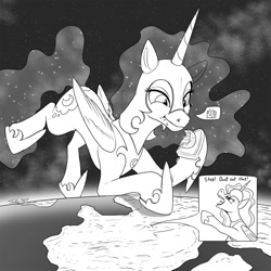 Size: 1500x1500 | Tagged: safe, artist:tsitra360, nightmare moon, princess luna, alicorn, pony, g4, black and white, cheese, duo, ethereal mane, female, food, galaxy, giant pony, giantess, grayscale, hoof shoes, macro, mare, monochrome, moon, pica, planet, sizetober, space, stars, talking, tangible heavenly object