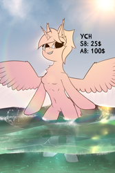 Size: 4000x6000 | Tagged: safe, artist:kainy, alicorn, anthro, unguligrade anthro, breasts, chest fluff, commission, ocean, shine, smiling, solo, sun, water, your character here