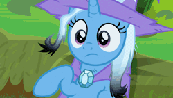 Size: 710x400 | Tagged: safe, edit, edited screencap, screencap, trixie, pony, unicorn, a horse shoe-in, g4, air quotes, animated, brooch, cape, careless, clothes, cute, diatrixes, female, glowing, hat, jewelry, lightup, mare, raised eyebrow, reckless, signed, solo, song in the description, trixie's brooch, trixie's cape, trixie's glowing brooch, trixie's hat