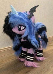 Size: 768x1080 | Tagged: artist needed, source needed, safe, izzy moonbow, pony, unicorn, g5, bat ears, clothes, costume, female, front view, goth, goth izzy, irl, nightmare night costume, photo, plushie, smiling, solo