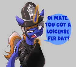 Size: 2812x2480 | Tagged: safe, artist:witchtaunter, oc, oc only, oc:axtus, pony, unicorn, angry, baton, clothes, commission, dialogue, discord (program), ear fluff, faic, gray background, high res, looking at you, magic, offscreen character, open mouth, police, police officer, police uniform, pov, shirt, simple background, solo, speech bubble, talking to viewer, telekinesis