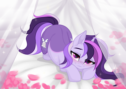 Size: 3465x2454 | Tagged: safe, artist:kawaiizhele, oc, oc only, oc:dreaming bell, pony, unicorn, base used, bed, bedroom eyes, blushing, cute, female, high res, horn, looking at you, lying down, mare, petals, rose petals, smiling, smiling at you, solo, unicorn oc