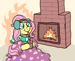 Size: 2763x2247 | Tagged: safe, artist:doodledonutart, fluttershy, pegasus, pony, g4, blanket, clothes, comfy, cute, drink, drinking, drinking straw, earmuffs, female, fire, fireplace, food, high res, hoof hold, mare, ponytober, scarf, shyabetes, sitting, smiling, solo, striped scarf, tea