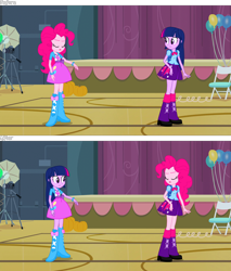 Size: 1920x2250 | Tagged: safe, artist:dustinwatsongkx, edit, edited screencap, screencap, pinkie pie, twilight sparkle, human, equestria girls, g4, my little pony equestria girls, backpack, balloon, boots, bowtie, bracelet, camera, canterlot high, chair, clothes, clothes swap, cutie mark on clothes, door, gym, gymnasium, high heel boots, jacket, jewelry, light, photo booth, pinkie pie's boots, pumpkin, shirt, shoes, simple background, skirt, solo, stage, transparent background, twilight sparkle's boots, vest