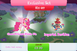 Size: 1266x852 | Tagged: safe, gameloft, idw, pinkie pie, alicorn, pony, g4, alicornified, bonsai, bundle, concave belly, costs real money, crown, english, exclusive set, female, horn, idw showified, jewelry, mare, numbers, pinkiecorn, princess of chaos, race swap, regalia, sale, slender, solo, spread wings, text, thin, tree, wings, xk-class end-of-the-world scenario