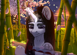 Size: 3500x2500 | Tagged: safe, artist:medkit, oc, oc only, butterfly, pony, unicorn, bamboo, big eyes, cherry blossoms, cloud, eyes open, fence, grass, high res, katana, male, paint tool sai 2, petals, solo, stallion, sun, sunrise, sword, tree, weapon