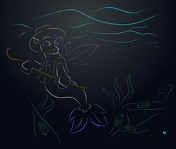 Size: 1200x1016 | Tagged: safe, artist:quint-t-w, oc, oc only, seapony (g4), cane, clothes, fin wings, fins, fish tail, flowing tail, gradient background, hat, jacket, jewelry, leaf sheep, minimalist, necklace, ocean, pearl necklace, plant, seaweed, solo, swimming, tail, underwater, water, wings