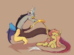 Size: 2048x1536 | Tagged: safe, artist:clowwwwwn, discord, fluttershy, bat pony, draconequus, pegasus, pony, g4, bat ponified, bat wings, beige background, blushing, confused, duo, duo male and female, embarrassed, female, flutterbat, lying down, male, one wing out, prone, race swap, simple background, wings