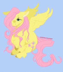 Size: 1280x1455 | Tagged: safe, artist:moonshade907, fluttershy, pegasus, pony, g4, blue background, blushing, cloven hooves, colored ear fluff, colored hooves, ear fluff, female, floppy ears, hair over one eye, looking away, looking down, mare, raised hoof, simple background, sitting, solo, spread wings, three quarter view, unshorn fetlocks, wings