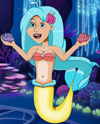 Size: 1204x1497 | Tagged: safe, artist:ocean lover, princess skystar, shelldon, shelly, human, mermaid, g4, my little pony: the movie, bare shoulders, beautiful, belly, belly button, blue eyes, blue hair, bra, breasts, cleavage, coral, creepy, disney style, female, fins, fish tail, freckles, human coloration, humanized, innocent, lipstick, mermaid princess, mermaid tail, mermaidized, nightmare fuel, ocean, open mouth, pearl, plants, pretty, seaquestria, seashell, seashell bra, skyabetes, smiling, solo, species swap, tail, underwater, water