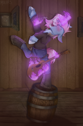 Size: 2100x3195 | Tagged: safe, artist:molars, oc, oc only, oc:spring blossom, pony, unicorn, ashes town, fallout equestria, alcohol, barrel, beer, blushing, boots, commission, complex background, drunk, eyes closed, frog (hoof), guitar, high res, levitation, magic, musical instrument, purple magic, shoes, smiling, solo, telekinesis, underhoof, unshorn fetlocks, wasteland, whiskey
