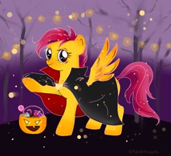 Size: 2048x1864 | Tagged: safe, artist:moonshineleo, artist:streakyfreak, scootaloo, pegasus, pony, candy, cape, clothes, costume, female, filly, foal, food, halloween, halloween costume, holiday, lights, looking at you, outdoors, solo, tree, trick or treat