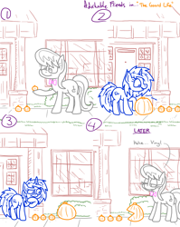 Size: 4779x6013 | Tagged: safe, artist:adorkabletwilightandfriends, dj pon-3, octavia melody, vinyl scratch, earth pony, pony, unicorn, comic:adorkable twilight and friends, g4, adorkable, adorkable friends, comic, cute, door, dork, female, friendship, front door, gaming, grass, halloween, happy, holiday, hoof on chin, house, mare, pac-man, pumpkin, reference, retro, roommates, smiling, tavi, thinking