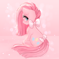 Size: 1000x1000 | Tagged: safe, artist:valeria_fills, pinkie pie, earth pony, pony, g4, blushing, bow, cute, cuteamena, female, looking back, mare, pinkamena diane pie, sitting, solo, tail, tail bow