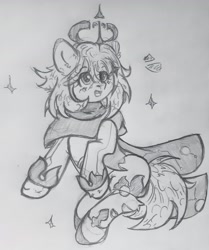 Size: 3168x3782 | Tagged: safe, artist:starkey, earth pony, pony, cloak, clothes, ear fluff, female, genshin impact, high res, mare, monochrome, nimbus, open mouth, paimon (genshin impact), ponified, solo, sparkles, surprised face, traditional art