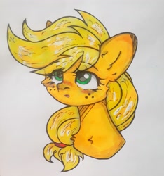 Size: 4096x4379 | Tagged: safe, artist:starkey, applejack, earth pony, pony, g4, braid, braided tail, bust, chest fluff, ear fluff, freckles, glare, rubber band, solo, tail, traditional art, wide eyes