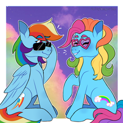 Size: 1280x1280 | Tagged: safe, artist:saltytangerine, rainbow dash, rainbow dash (g3), earth pony, pegasus, pony, g3, g4, blue coat, duality, g3 to g4, generation leap, happy, looking at each other, looking at someone, multicolored hair, rainbow hair, raised eyebrow, raised hoof, raised leg, sitting, sky, smiling, sunglasses