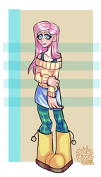 Size: 900x1570 | Tagged: safe, artist:schizparrot, fluttershy, human, g4, boots, bra, bra strap, clothes, cute, female, humanized, shoes, shyabetes, skirt, socks, solo, striped socks, sweater, sweatershy, underwear