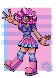 Size: 1920x2632 | Tagged: safe, artist:schizparrot, pinkie pie, human, g4, blushing, boots, bracelet, clothes, cute, dark skin, diapinkes, female, four fingers, grin, humanized, jewelry, shirt, shoes, skirt, smiling, socks, solo, starry eyes, t-shirt, wingding eyes