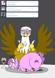 Size: 1280x1793 | Tagged: safe, artist:askgluttonousgilda, diamond tiara, gilda, earth pony, griffon, pony, g4, ask, bondage, carnivore, chubby diamond, fat, female, filly, foal, food chain, fork, gildough, griffons doing griffon things, hogtied, imminent vore, kitchen eyes, knife, licking, licking lips, mythologically accurate, person as food, predator, prey, tongue out