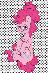 Size: 1278x1932 | Tagged: safe, artist:starkey, pinkie pie, earth pony, pony, g4, cheerful, chest fluff, chromatic aberration, confetti, digital art, ear fluff, eyestrain warning, full body, open mouth, polka dot background, smiling, solo