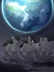 Size: 1649x2198 | Tagged: safe, artist:beardie, princess luna, oc, oc:frolicsome meadowlark, oc:sunshine smiles (egophiliac), alicorn, bat pony, pony, moonstuck, g4, bat pony oc, earth, female, filly, moon, woona, younger