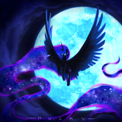 Size: 2000x2000 | Tagged: safe, artist:wolfythewolf555, nightmare moon, alicorn, pony, g4, female, flying, glowing, glowing eyes, high res, large wings, mare, moon, solo, wings