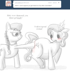 Size: 787x800 | Tagged: safe, artist:secretgoombaman12345, diamond tiara, silver spoon, earth pony, pony, ask chubby diamond, g4, blushing, butt blush, butt touch, chubby diamond, embarrassed, fat, female, filly, foal, hoof on butt, looking at butt, partial color, simple background, white background