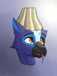 Size: 1800x2400 | Tagged: safe, artist:stardustspix, oc, oc only, oc:goober blaubeak, griffon, abstract background, bust, griffon oc, hat, lampshade, lampshade hat, monocle, portrait, sternocleidomastoid