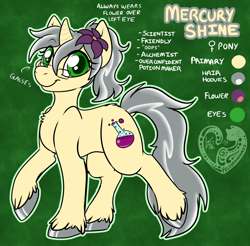 Size: 1358x1337 | Tagged: safe, artist:felisrandomis, oc, oc only, oc:mercury shine, pony, unicorn, female, flower, flower in hair, glasses, mare, reference sheet, solo, unshorn fetlocks