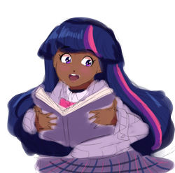 Size: 2100x2076 | Tagged: safe, artist:theladysknight, twilight sparkle, human, g4, book, dark skin, female, high res, humanized, open mouth, simple background, transparent background