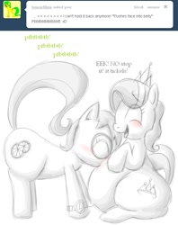 Size: 655x825 | Tagged: safe, artist:secretgoombaman12345, diamond tiara, oc, oc:lemon lime, earth pony, pony, ask chubby diamond, g4, blushing, chubby diamond, fat, female, filly, foal, partial color, raspberry, simple background, sitting, tummy buzz, white background