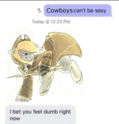 Size: 2487x2600 | Tagged: safe, artist:brainiac, oc, oc:thunder punch, earth pony, pony, fallout equestria, cowboy hat, cowboys cant be sexy meme, earth pony oc, fallout equestria:all things unequal (pathfinder), hat, high res, male, meme, shitposting, simple background, solo, stallion, white background