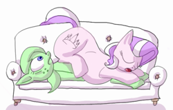 Size: 868x555 | Tagged: safe, artist:secretgoombaman12345, diamond tiara, oc, earth pony, pony, ask chubby diamond, g4, chubby diamond, couch, fat, female, filly, foal, looking at butt, simple background, sitting on person, white background, wide eyes